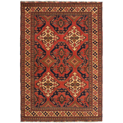 Tapis unique en laine noué à la main Esari Turkoman des années 2010 de 6 pi 8 po x 9 pi 10 po orange / crème / noir Archange
