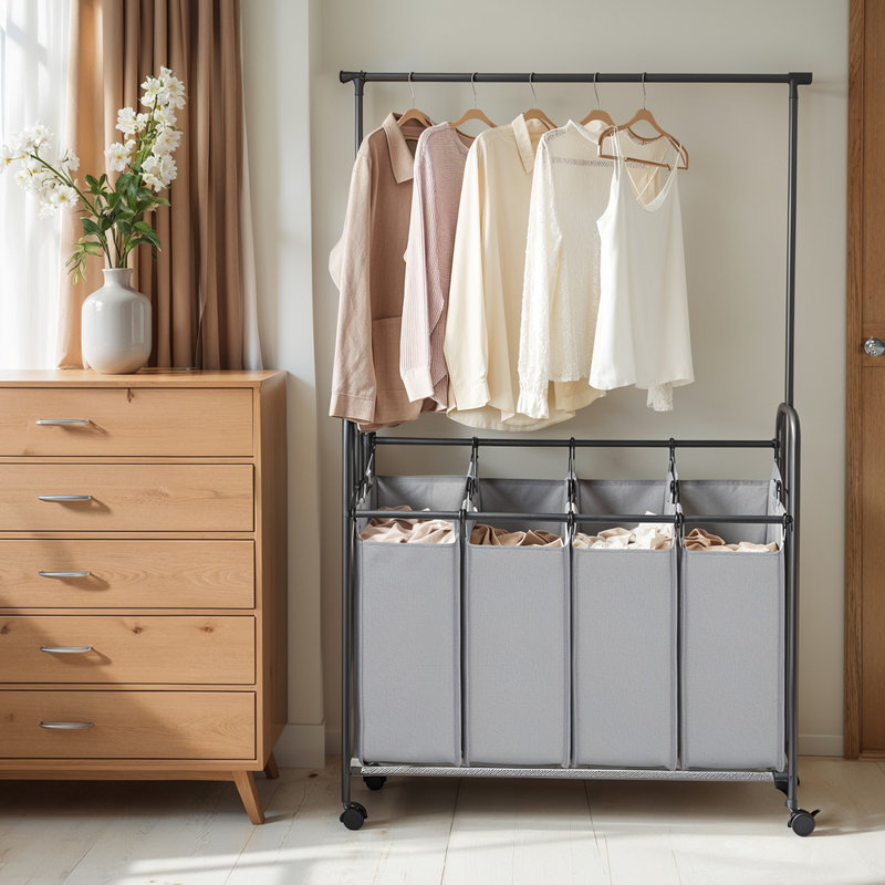 Trieur de linge 4 sections, chariot à linge roulant avec barre de suspension, robuste, gris