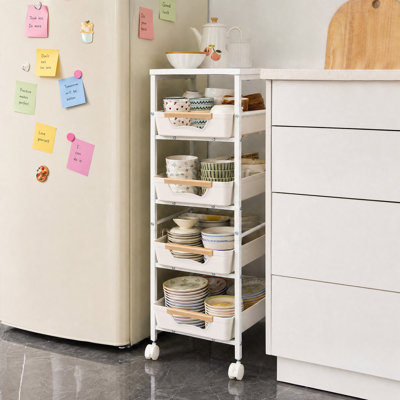 5-Tier Slim Storage Cart, Wooden Top Rolling Kitchen Cart with Pull-Out Baskets & Wheels