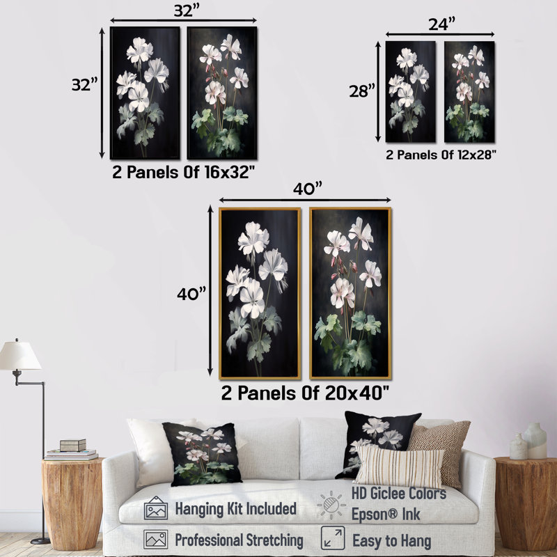 Ensemble de salon noir et blanc avec géraniums Minimal Expression - Geraniums, Encadrement doré, H 32 po x l 33 po