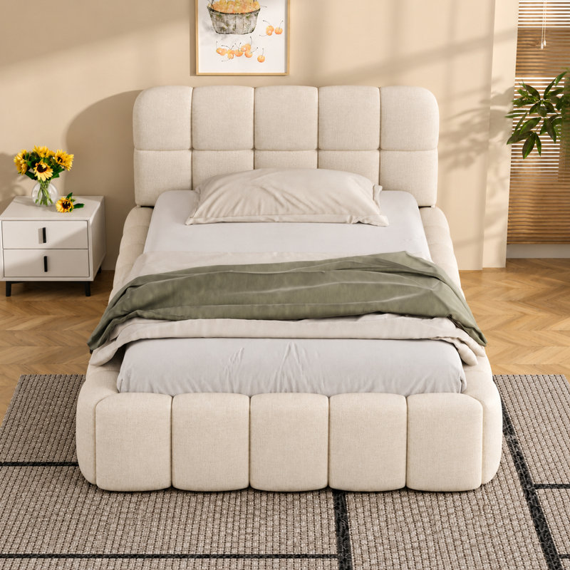 Upholstered Double Bed with Unique Mattress Design, Single (3'), White