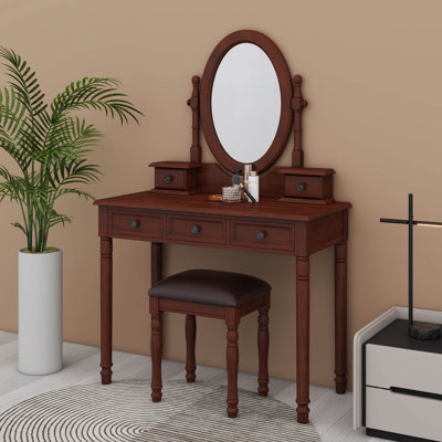 Ensemble de coiffeuse avec miroir à angle réglable, ensemble de coiffeuse et tabouret rembourré avec 5 tiroirs