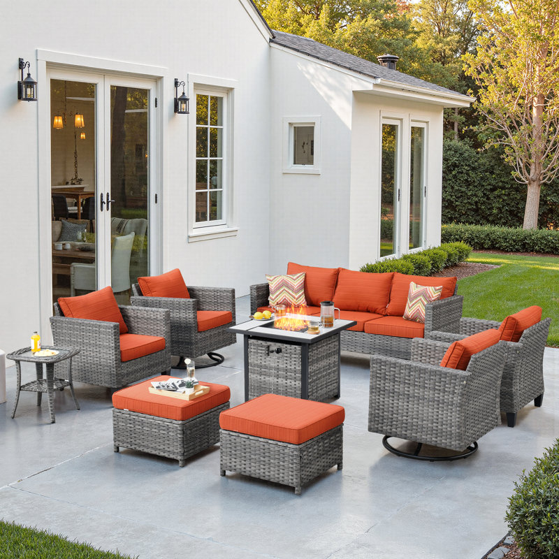 Harbin 7-Person Wicker/Rattan Patio Conversation Set With Cushions With Fire Pit, Orange