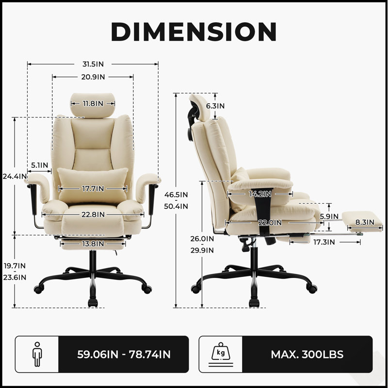 Ergonomic PU Leather Office Chair With Lumbar Support, High Backrest, And Adjustable Headrest For Comfortable Seating, Beige