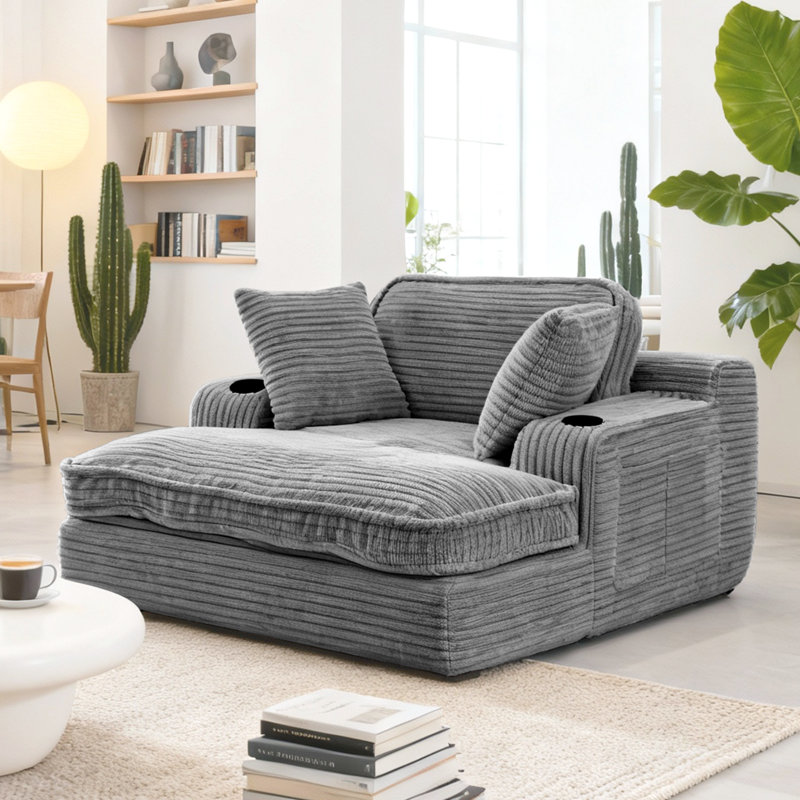 Oversized Cloud Chaise Lounge With Cup Holders & Side Pocket, No Assembly Required, Corduroy, Gray