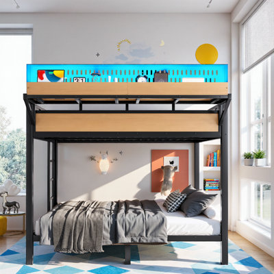 Lit superposé en métal avec tablettes de rangement, panneau perforé, ports USB et lumières DEL