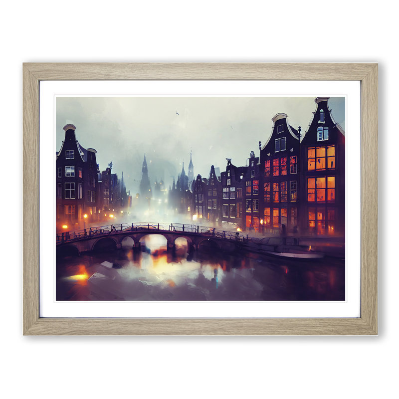 Amsterdam Canal at Night - Framed Print, 25cm H x 34cm W x 2cm D, Oak