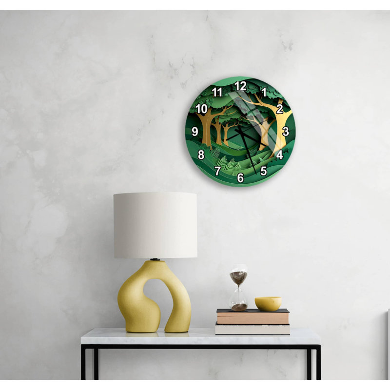Horloge murale Enchanted Forest Temped Glass - Green Nature, 14 pouces, Or anglais