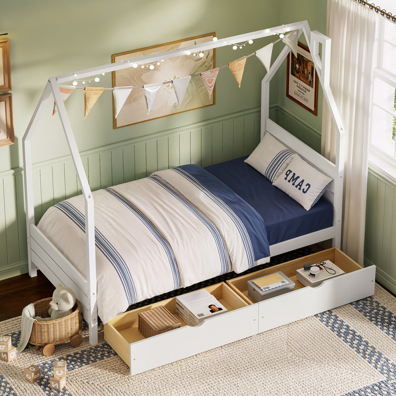 Structure de lit simple avec 2 tiroirs de rangement, Blanc