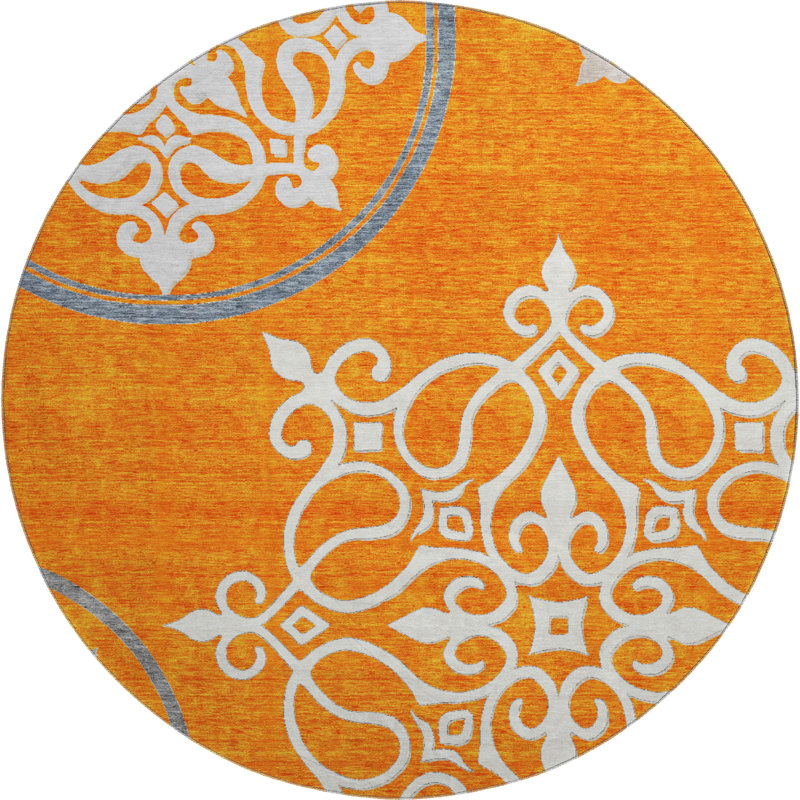Premium Machine Washable Prisco Orange Rug, Round 8'
