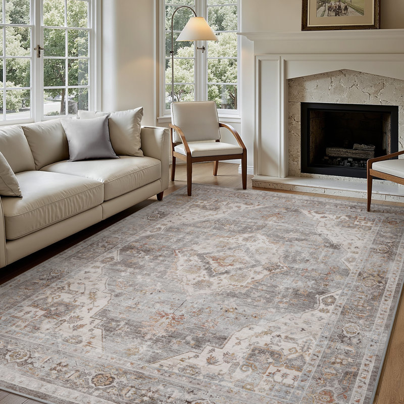 Soft Gray Machine Washable Oriental Area Rug For Living Room, Bedroom, Rectangle 9' x 12', Gray