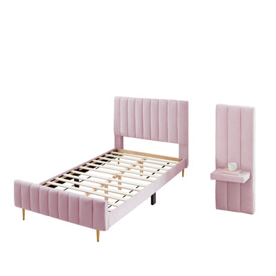 Velvet Upholstered Modern Platform Bed Set With Bedside Panel Nightstand, No Box Spring Needed