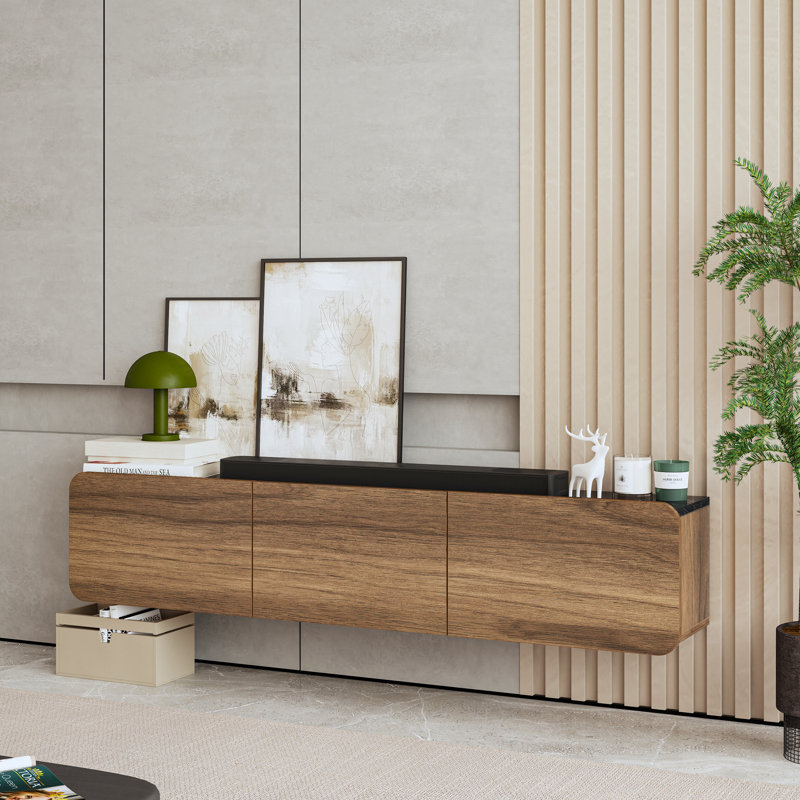 Callysta Floating TV Stand Up to 78" TV's Wall Mounted Media Console,  Black Marble Design/Brown Wood