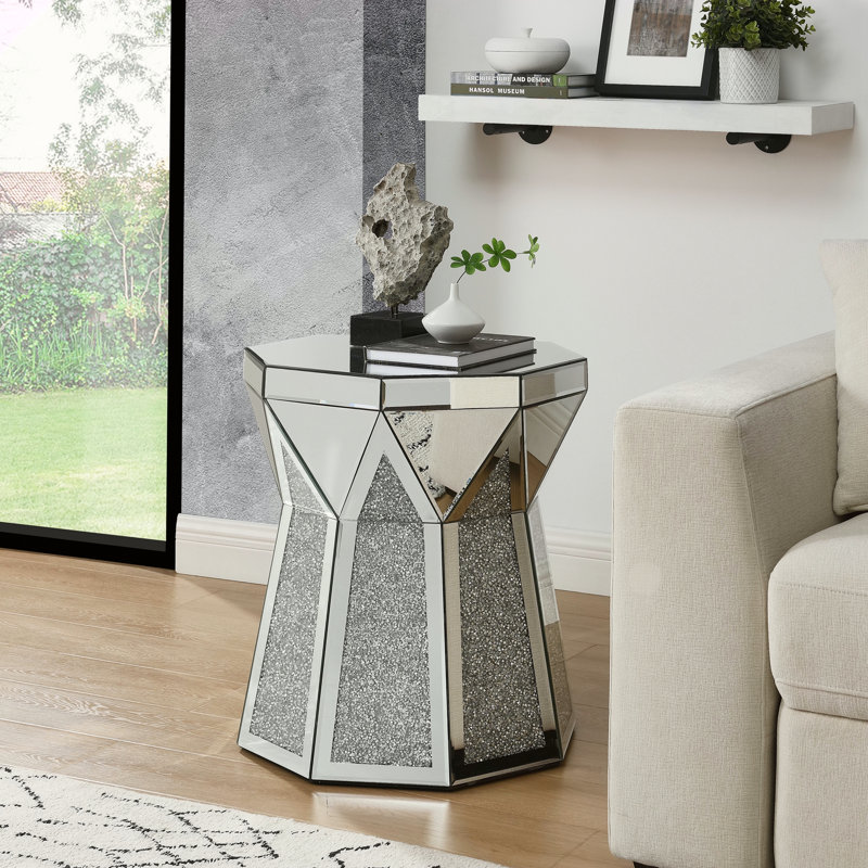 Table basse de style tambour avec incrustation de cristal miroir
