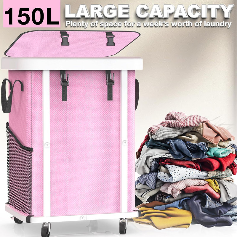 150L (40 Gal) Large Fashion Laundry Basket with Wheels, Leather Patchwork Rolling Hamper Carts