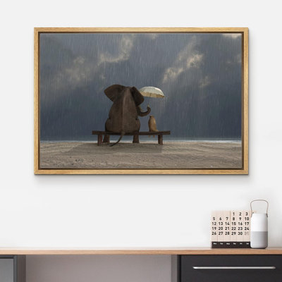 Animaux, éléphant et chien assis sous la pluie, amitié sur toile