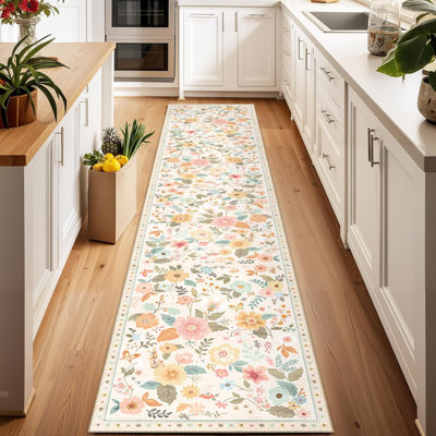 Motif floral 2 x 10 tapis lavable imprimé boho tapis mignon antidérapant fleur bas pour salon chambre cuisine bureau ferme-beige / blanc / orange