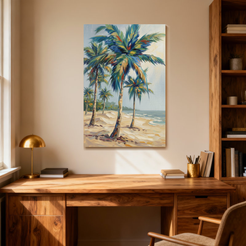 Plantes et fleurs, palmiers tropicaux, plage, océan, ciel, sable, vagues, H 18 po x l 12 po
