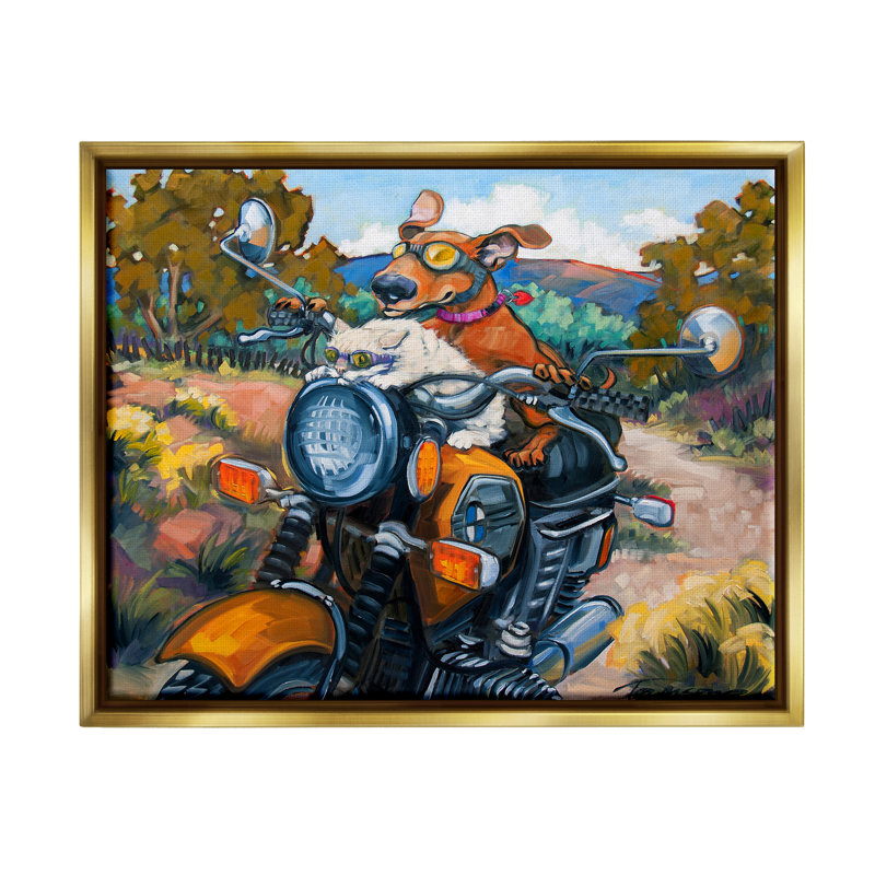 Chat et chien sur une moto sur bois par CR Townsend, peinture, H 25 po x l 31 po x P 1,7 po, Cadre flottant gris lustré