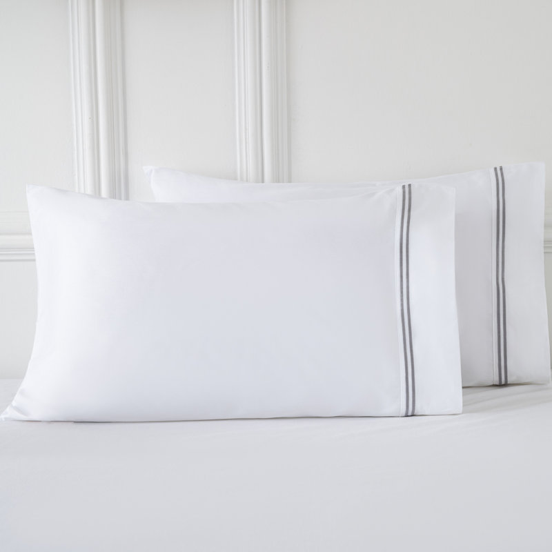 400 Thread Count Cotton Sateen Pillowcases, Hotel Inspired Embroidered Set, 2 Pack, 20x30", Gray, Gray/White