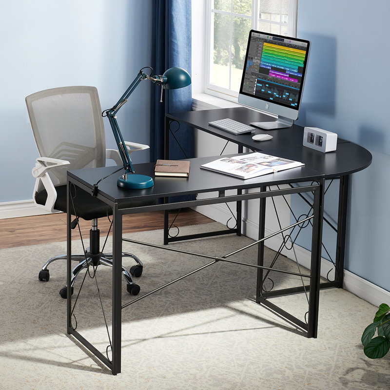 Aleksander L-Shaped Metal Base Computer Desk, Black
