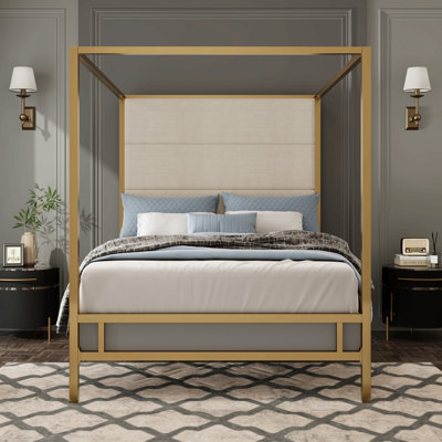 Modern Gold Canopy Bed With 76.5" Tall Linen Fabric Upholstered Headboard Metal 4-Poster Bed Frame, Box Spring Needed