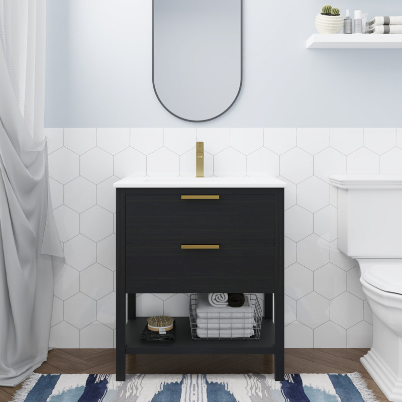 Ensemble de meuble-lavabo simple 30 po Rasharn, Blanc, Châtaignier noir / or