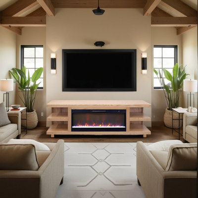 Natural Finish Fireplace Tv Stand 82", Accommodates Tvs Up To 90", Oak 82-inch With Natural, Fits Veneer