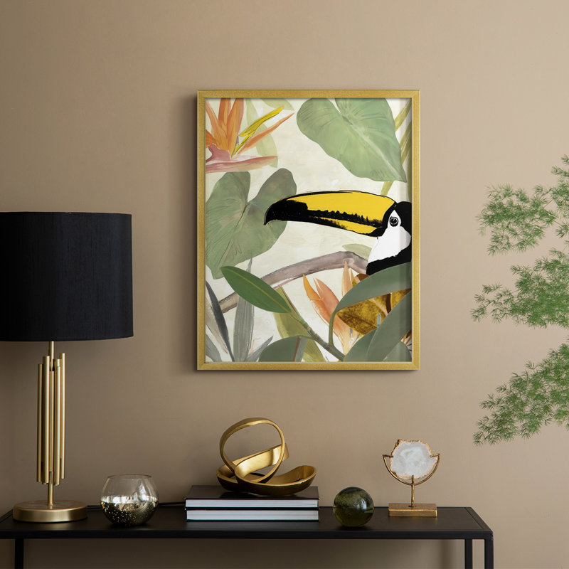 «Parrot in the Leaves I», reproduction encadrée - bois massif, H 15 po x l 12 po, Doré