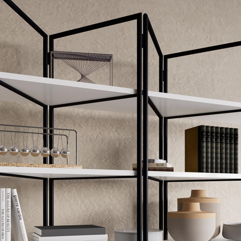 Golden Metal Frame Folding White Bookcase, Wide Panel, Large 71 Inch Etagere Display Shelf, Black/White
