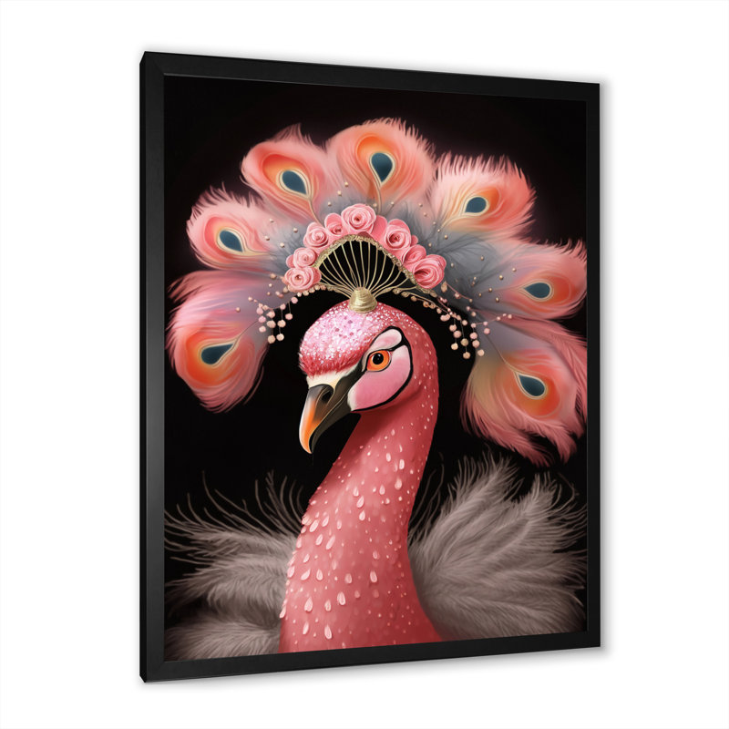 Flamant rose avec couronne rose, Cadre simple noir, H 32 po x l 24 po x P 1 po