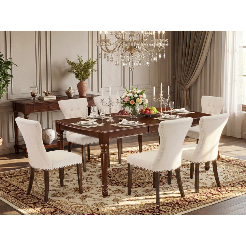 7 Piece Dining Table Set Consist of a Rectangle Table with Butterfly Leaf and 6 Light Beige Linen Fabric Upholstered Chairs, Mahogany