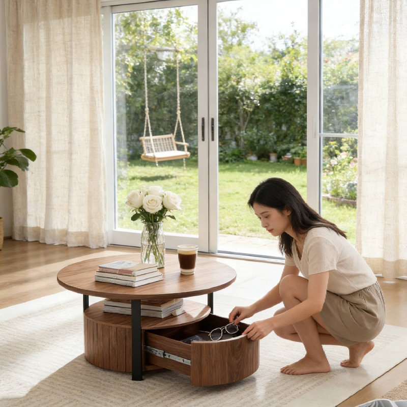 Table basse ronde en noyer de 33,07 po en MDF avec tiroir pour bureau personnel, Noyer