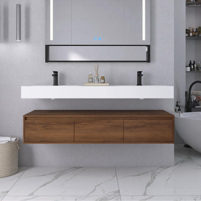 Double meuble-lavabo mural avec lavabo en résine, 3 tiroirs à fermeture en douceur, fixation à flotteur