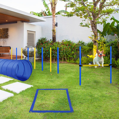 4Pc Dog Training Obstacle Gear - Jump Hurdle, Tunnel, Pause Box, Weave Poles & Blue/Yellow. Enhance Connection Level, Safe And Strong, Lightweight Disposal Procedure Agility Appliances Tote Bag
