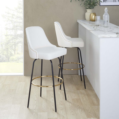 Fixed-Height Swivel Barstool Set Of 2 With White Faux Leather Seat, Black Metal Frame, Gold Nailhead Trim, And Round Gold Footrest For Kitchen Island Or Home Bar Use.