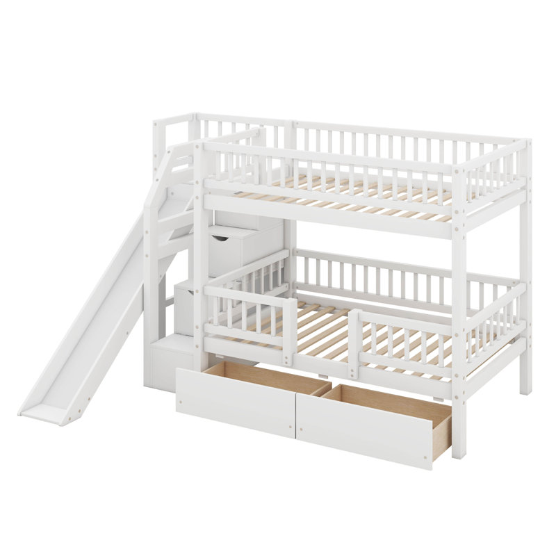 Lit superposé simple au-dessus de simple avec escalier de rangement, escalier en bois massif avec glissière et 2 tiroirs