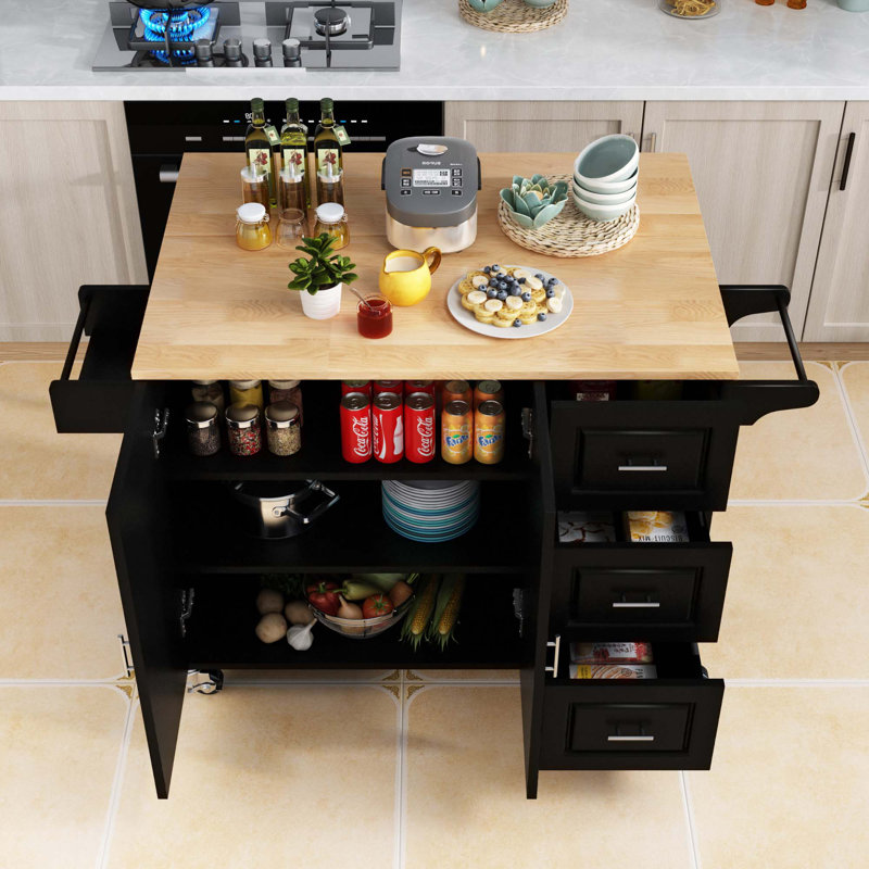 Reindeau Solid Wood Kitchen Island, Black