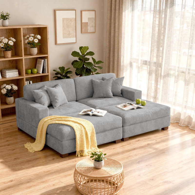 Canapé modulaire rembourré en chenille 4 pièces avec coussins décoratifs et repose-pieds amovibles 4 pièces, Gris chenille