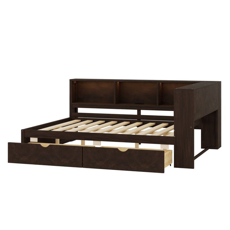 Lit de jour avec tablettes, USB, DEL et 2 tiroirs, idéal pour les chambres à coucher et les salons, Brun