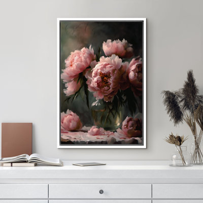Flower Blossom " Watercolor Moody Pink Peony Floral Bouquets Framed Canvas Print 2 Pieces Wall Art