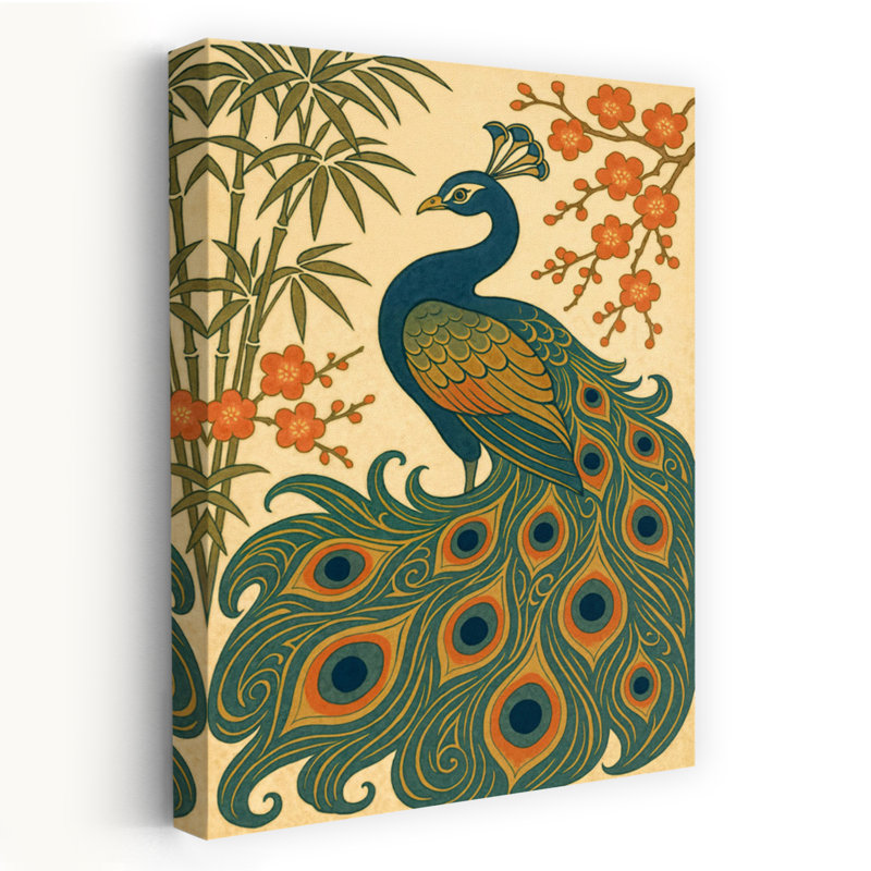 «Elegant Peacock Plum Blossoms Elegant Vibrant Contemporary Bamboo Bird Cherry Flower Nature», art mural, H 48 po x l 32 po