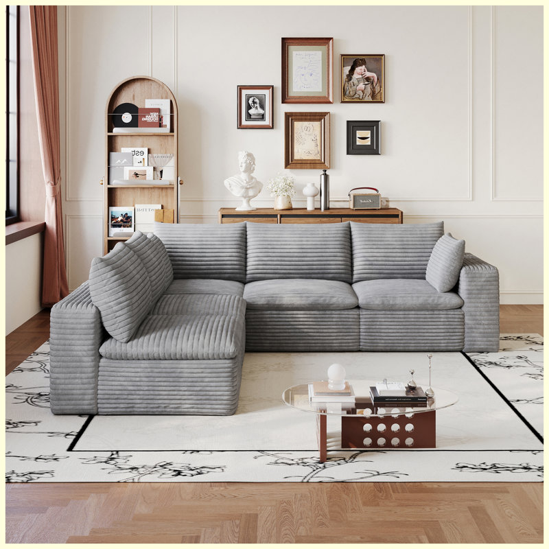 Canapé 99 po x 103 po en velours côtelé gris, siège modulaire à assise profonde et coussins amovibles, aucun assemblage requis