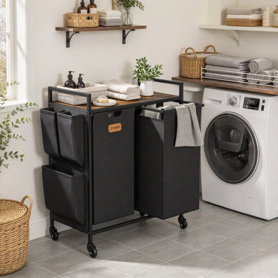 Chariot de tri du linge à 2 sacs amovibles en tissu, panier à linge roulant avec couvercle en bois et poches latérales, organisateur de linge mobile sur roulettes pour buanderie ou salle de bain
