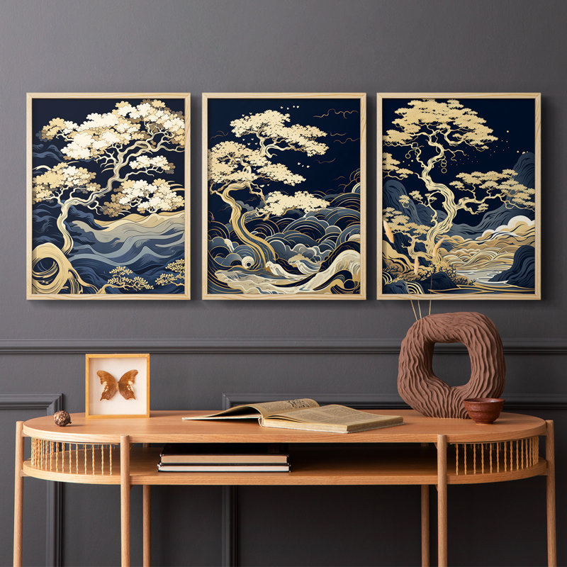 Lanscape Study  Series  XLI  -Set Of 3 Framed Giclee Prints -Ready to Hang, 10" H x 8" W, Natural Framed