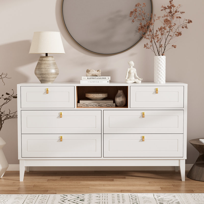 Commode blanche à 6 tiroirs de 47,2 po avec tablette ouverte et poignées à boucles en cuir véritable, commode de chambre à coucher et commode