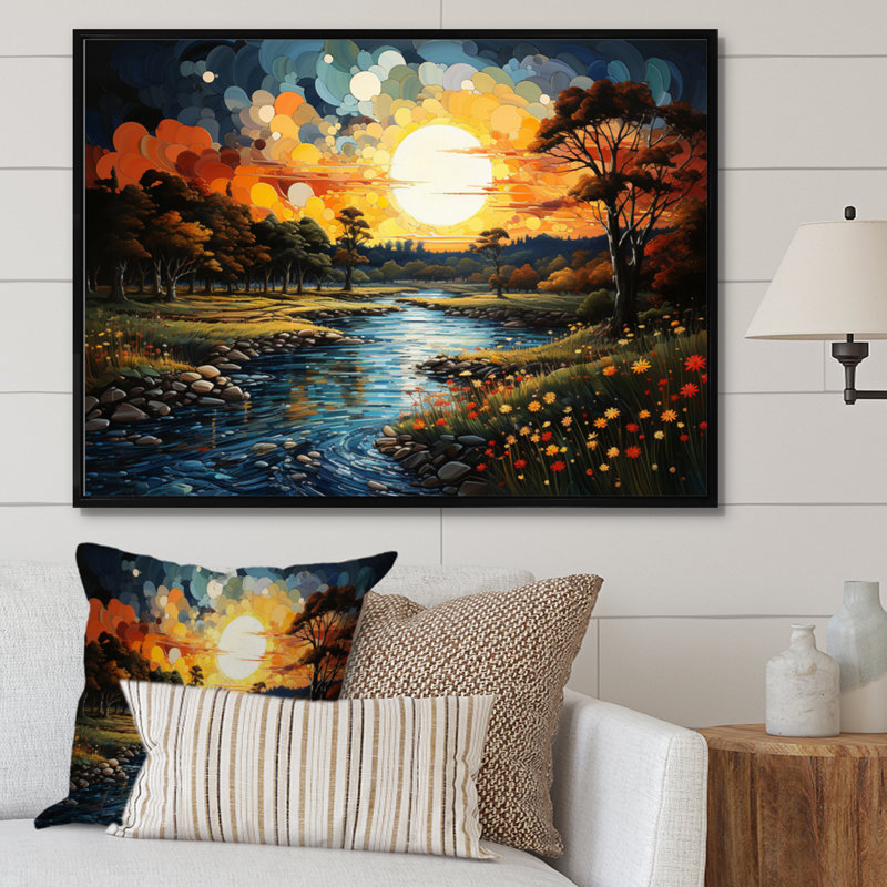 "Countryside River Bend Patchwork II", reproduction d'art sur toile, Cadre flottant noir, H 16 po x l 32 po x P 1 po