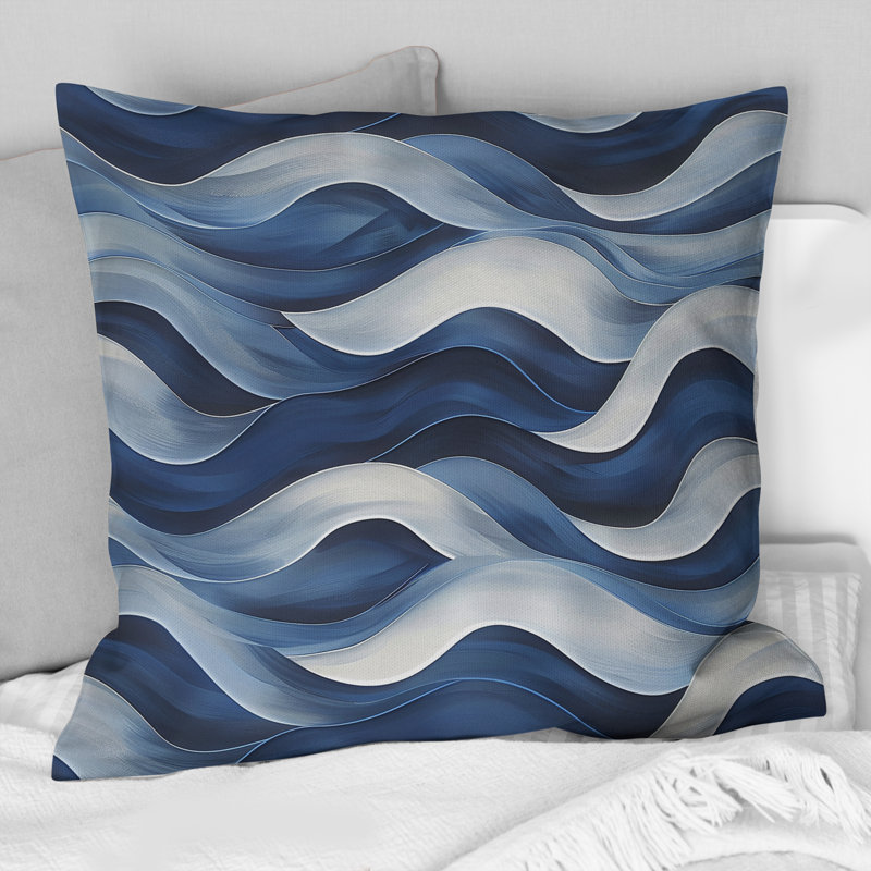 Blanc, bleu, Modern Waves V - Coussin décoratif moderne, H 16 po x l 16 po