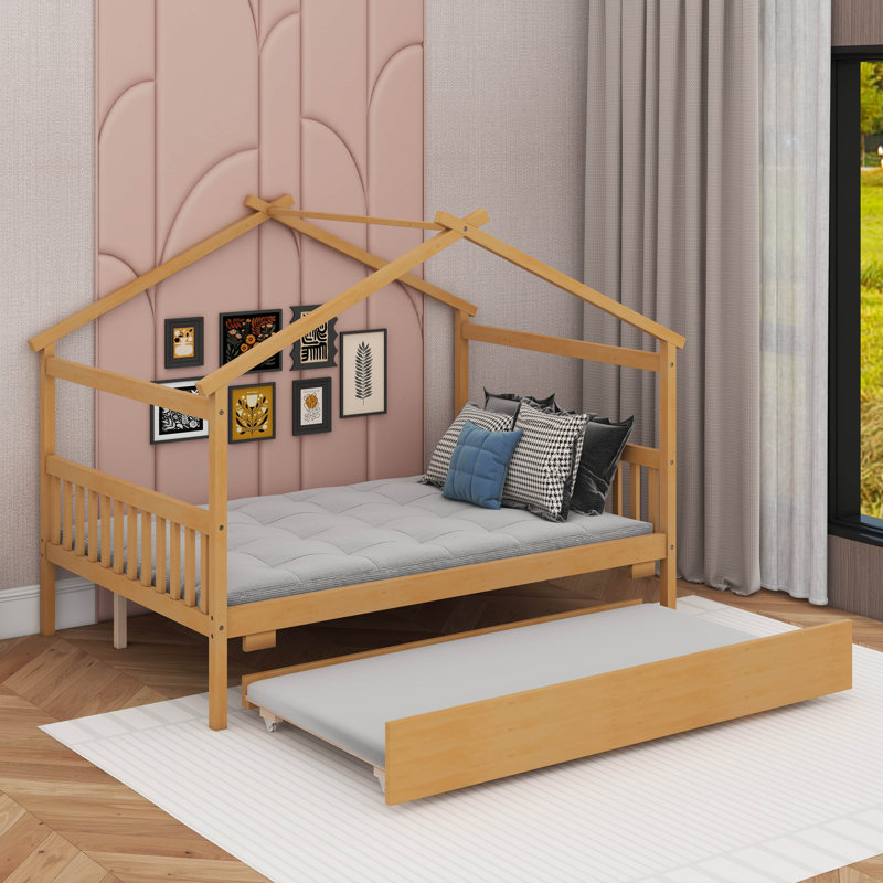 Lit en bois avec lit gigogne simple, Naturel, Lit double