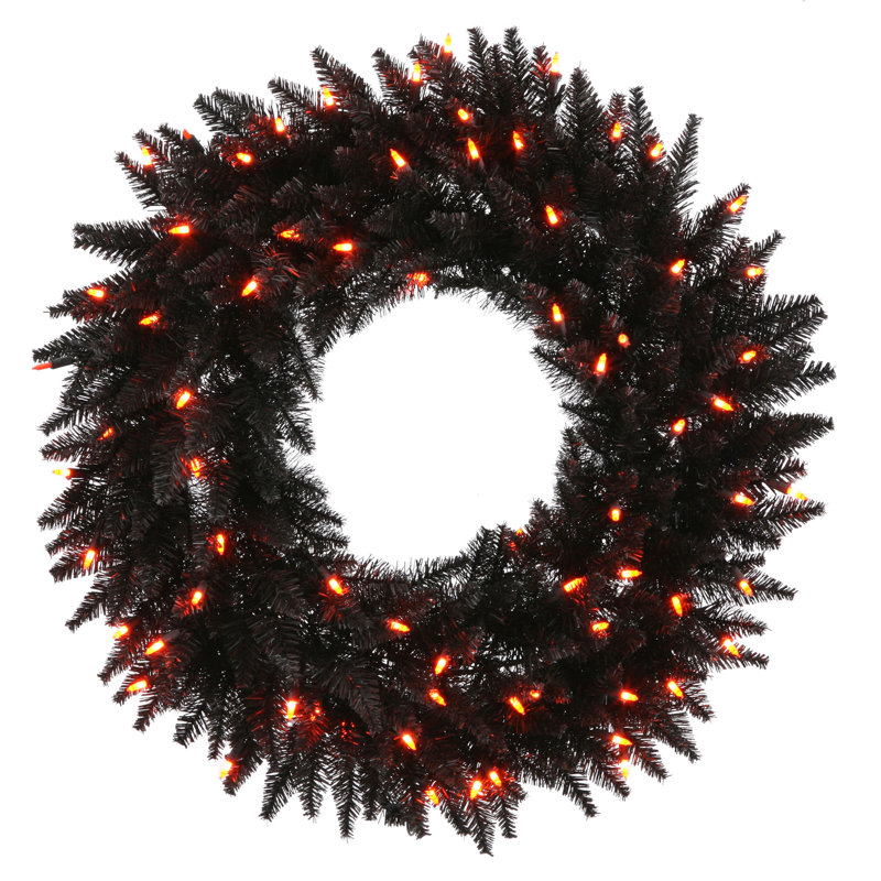 Couronne de sapin artificielle en PVC, H 36 po x l 36 po x P 5 po, Noir avec lumières orange, Oui